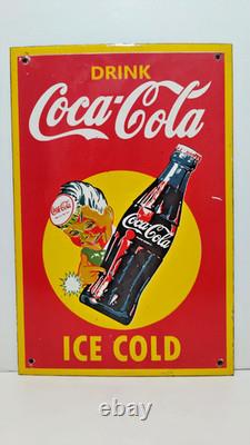 VINTAGE DRINK COCA COLA ICE COLD PORCELAIN ENAMEL METAL SIGN SIZE 12 x 8