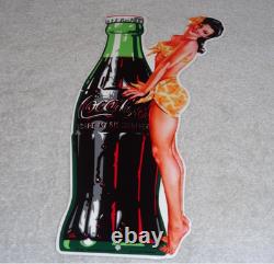 VINTAGE DRINK COCA COLA With WOMAN? & BOTTLE 14 METAL COKE SODA GASOLINE OIL SIGN