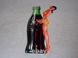 VINTAGE DRINK COCA COLA With WOMAN? & BOTTLE 14 METAL COKE SODA GASOLINE OIL SIGN