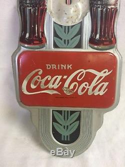VINTAGE Double Bottle Coca Cola Coke Thermometer Sign Robertson 1940s