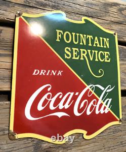 VINTAGE FOUNTAIN SERVICE Drink COCA-COLA SODA POP COKE PORCELAIN GAS OIL AD SIGN