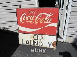 VINTAGE ORIGINAL 1960's 70's DOUBLE SIDED COCA COLA SIGN COIN LAUNDRY SIGN