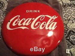 VINTAGE ORIGINAL DRINK COCA-COLA BUTTON ADVERTISING PAiINTED SIGN 24 INCHES
