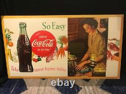 VINTAGE SERVE COCA COLA SO EASY CARDBOARD SIGN 20 x 36 HORIZONTAL 1950's