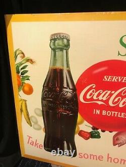 VINTAGE SERVE COCA COLA SO EASY CARDBOARD SIGN 20 x 36 HORIZONTAL 1950's