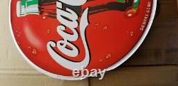 VINTAGE Spanish Coca Cola Bottle Flange METAL SIGN siempre come frutas y verdura