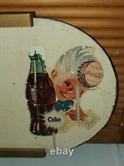 VTG 1940s COCA-COLA SPRITE BOY KAY DISPLAY MASONITE WOOD SIGN 12 METAL BUTTON