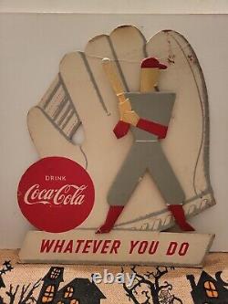 (VTG) 1950s COCA COLA SIGN BASEBALL GLOVE PLAYER CARDBOARD DISPLAY COKE