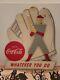 (VTG) 1950s COCA COLA SIGN BASEBALL GLOVE PLAYER CARDBOARD DISPLAY COKE