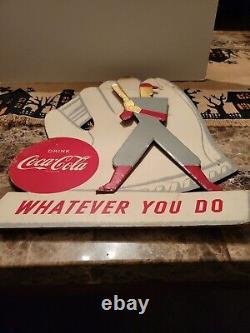 (VTG) 1950s COCA COLA SIGN BASEBALL GLOVE PLAYER CARDBOARD DISPLAY COKE