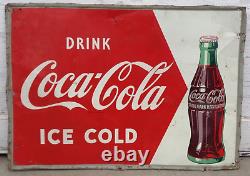 VTG 50's Metal Coca Cola Sign DRINK COCA COLA ICE COLD 20x28 Soda Gas Oil Coke