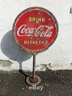 Vintage 1930-1940 Double Sided Coca Cola Lollipop Sign with Ring