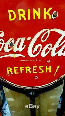 Vintage 1930's Original Coca Cola Lollipop DS Porcelain Sign w Original Base