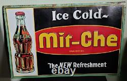 Vintage 1930s Mit-Che Soda Pop Metal Tin Sign, Bottle Advertising Cola Genuine