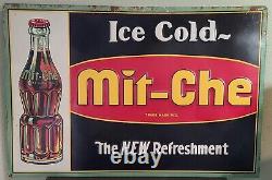 Vintage 1930s Mit-Che Soda Pop Metal Tin Sign, Bottle Advertising Cola Genuine