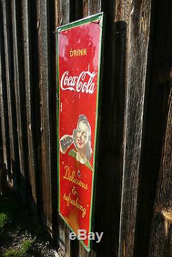 Vintage 1940's Drink Coca Cola Metal Sign Delicious & refreshing Pretty Lady
