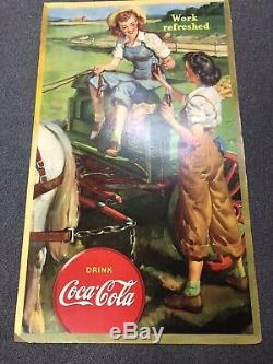 Vintage, 1943 Coca Cola Cardboard Sign, Litho, Work Refreshed. Advertising