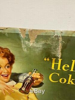 Vintage 1944 Coca-Cola Hello- Coke! Cardboard Sign 20 x 36 Niagara Litho