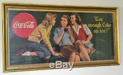 Vintage 1945 Coca-Cola CARDBOARD SIGN GOT ENOUGH COKE ON ICE 27 X 56 FRAMED