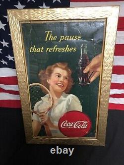 Vintage 1945 Coca-Cola Cardboard Advertising Sign Tennis Girl ORIGINAL