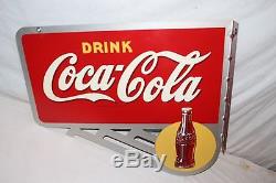 Vintage 1946 Coca Cola Soda Pop Gas Station 2 Sided 24 Metal Flange SignNice