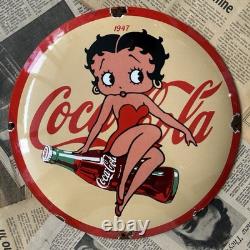 Vintage 1947 Coca Cola Betty Boop 12 Inch Convex Porcelain Enamel Sign
