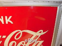 Vintage 1947 Pause Drink Coca-Cola Large 56 x 32 Not Porcelain Embossed Tin Sign
