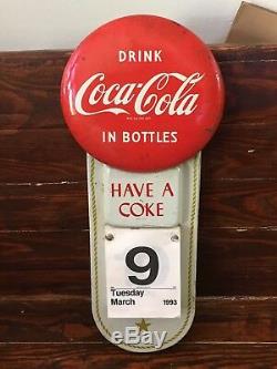 Vintage 1950-60s COCA COLA COKE Advertising Calendar Holder Button Soda SIGN