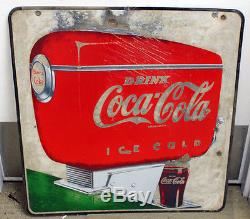 Vintage 1950 Coca Cola Soda Dispenser 2-Sided Porcelain/Metal Sign 28