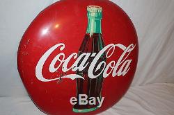 Vintage 1950's Coca Cola Button Soda Pop Bottle 24 Metal Sign