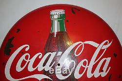 Vintage 1950's Coca Cola Button Soda Pop Bottle 36 Porcelain Metal Sign