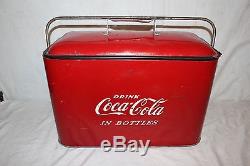 Vintage 1950's Coca Cola Soda Pop Bottle Embossed Metal Picnic Cooler SignNice