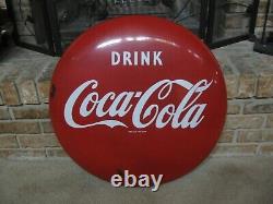 Vintage 1950's Drink Coca Cola 24 Inch Coke Porcelain Button Sign Good Condition