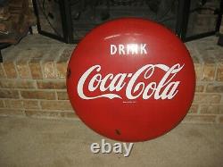 Vintage 1950's Drink Coca Cola 24 Inch Coke Porcelain Button Sign Good Condition