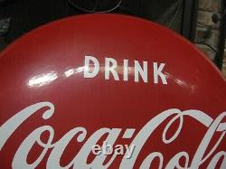 Vintage 1950's Drink Coca Cola 24 Inch Coke Porcelain Button Sign Good Condition