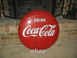 Vintage 1950's Drink Coca Cola 24 Inch Coke Porcelain Button Sign Good Condition