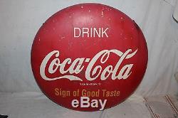 Vintage 1950's Drink Coca Cola Button Soda Pop 24 Metal Sign WithMounting Bracket