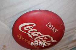 Vintage 1950's Drink Coca Cola Button Soda Pop 24 Metal Sign WithMounting Bracket