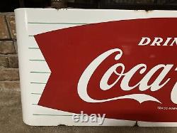 Vintage 1950's Drink Coca Cola Coke Porcelain Sled Sign Original Bracket Hanger