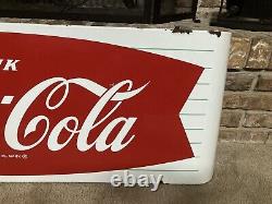 Vintage 1950's Drink Coca Cola Coke Porcelain Sled Sign Original Bracket Hanger