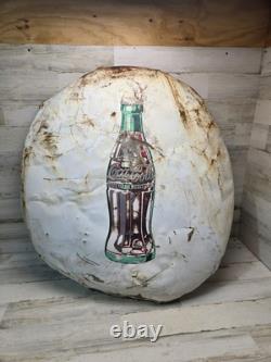 Vintage 1950s Original 36 White Coca Cola Bottle Button Metal Sign Rough Patina