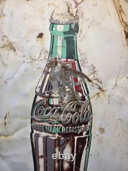 Vintage 1950s Original 36 White Coca Cola Bottle Button Metal Sign Rough Patina