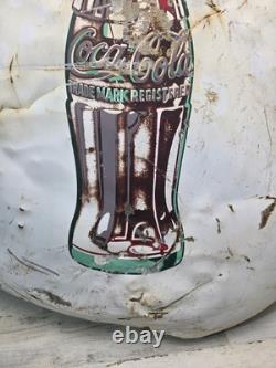 Vintage 1950s Original 36 White Coca Cola Bottle Button Metal Sign Rough Patina