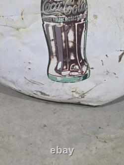 Vintage 1950s Original 36 White Coca Cola Bottle Button Metal Sign Rough Patina