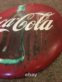 Vintage 1954 COKE Coca Cola Advertising Bottle Button Sign Porcelain Metal 24