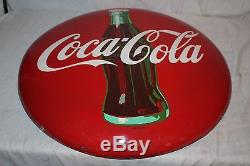 Vintage 1957 Coca Cola Button Soda Pop Bottle Gas Station 24 Curved Metal Sign