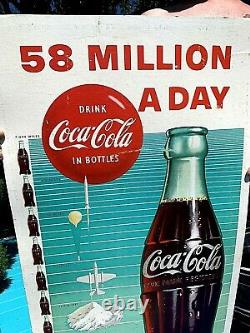 Vintage 1957 Coca Cola Soda Pop Poster Sign 2sided Coke Airplane Art Deco 36x20