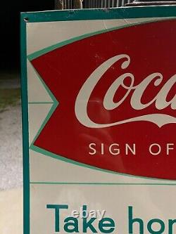 Vintage 1960 RARE MINTY NOS Coca-Cola KING SIZE Carton Metal Sign 28 x 20