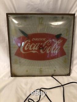 Vintage 1960s 15 1/4 x 15 1/4 Fishtail Coca Cola Pam Clock Lights Up Works