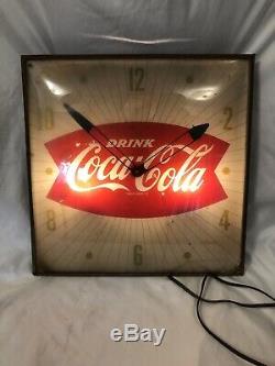 Vintage 1960s 15 1/4 x 15 1/4 Fishtail Coca Cola Pam Clock Lights Up Works